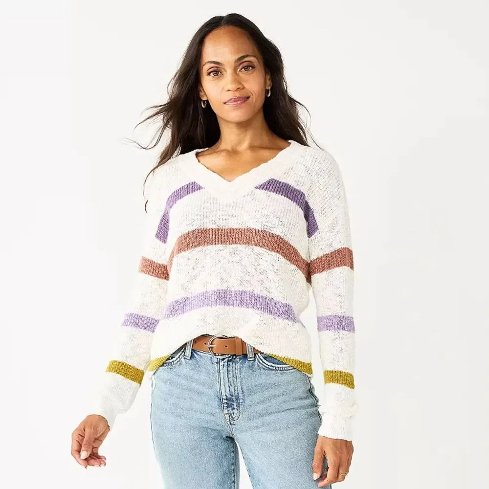 Sonoma Long Sleeve V-Neck Pullover Sweater Multicolor Stripe Cotton Women's XL
